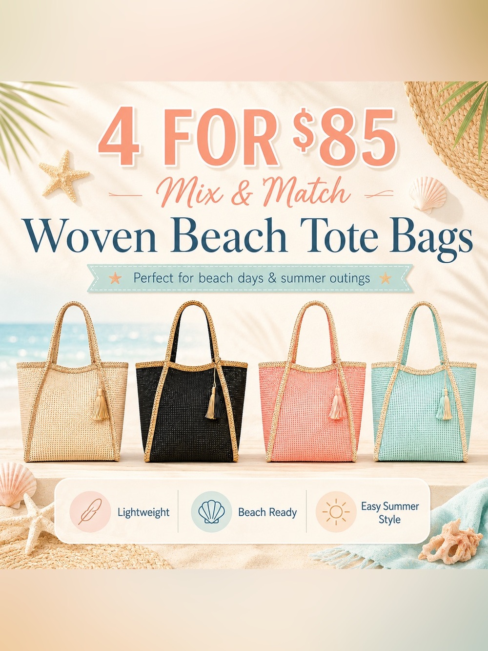 Woven Straw Tote Bag - Pink